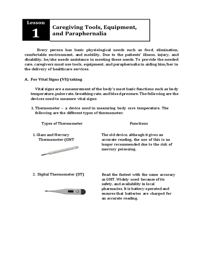Caregiving Tools, Equipment, and Paraphernalia Lesson PDF Home