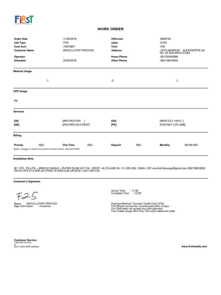 Work Order Notes Charges Is Based On Current Services Before TAX/VAT