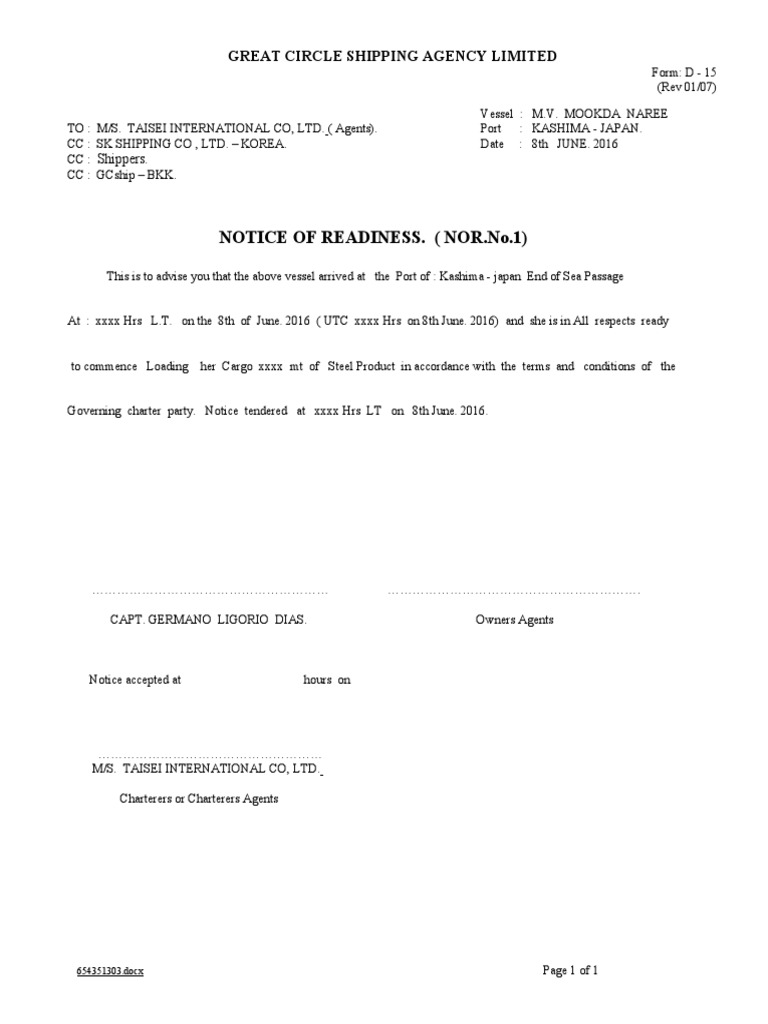 Apa Itu Notice Of Readiness