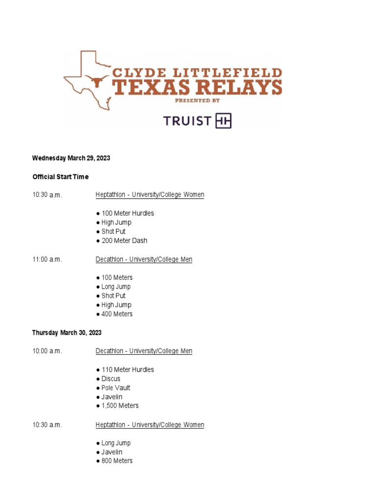 2023 Clyde Littlefield Texas Relays Presented by Truist Schedule 3.28
