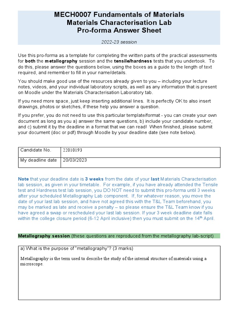 MECH0007 Fundamentals of Materials Materials Characterisation Lab Pro ...