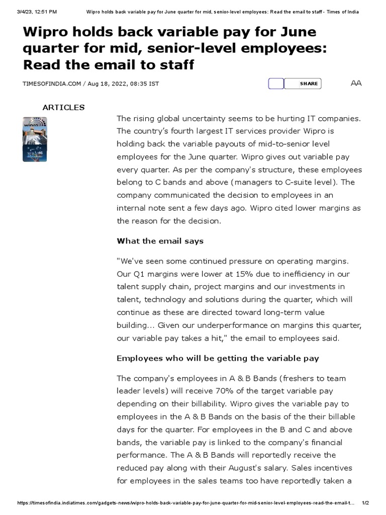 Wipro Holds Back Variable Pay For June Quarter For Mid, SeniorLevel