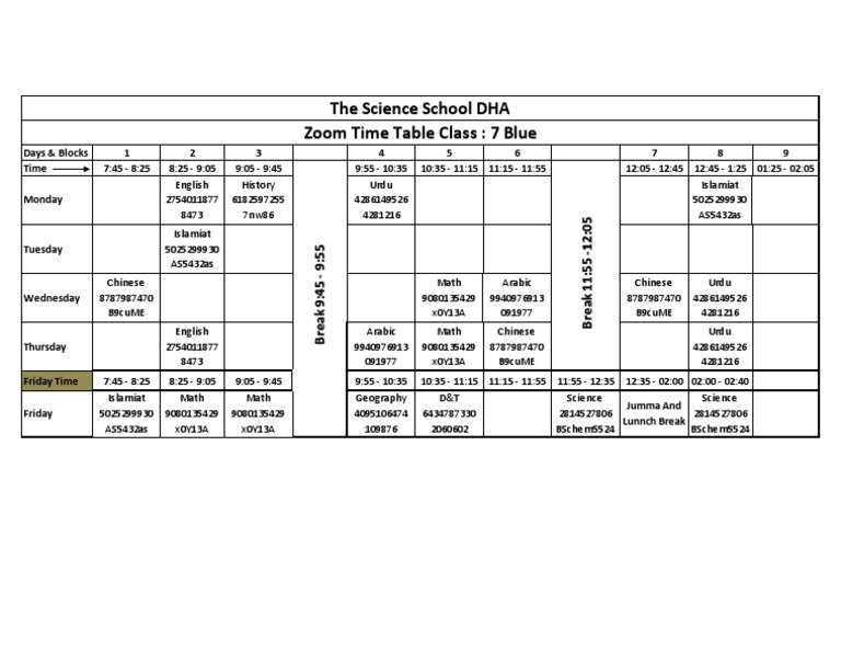 The Science School DHA Zoom Time Table Class 7 Blue PDF