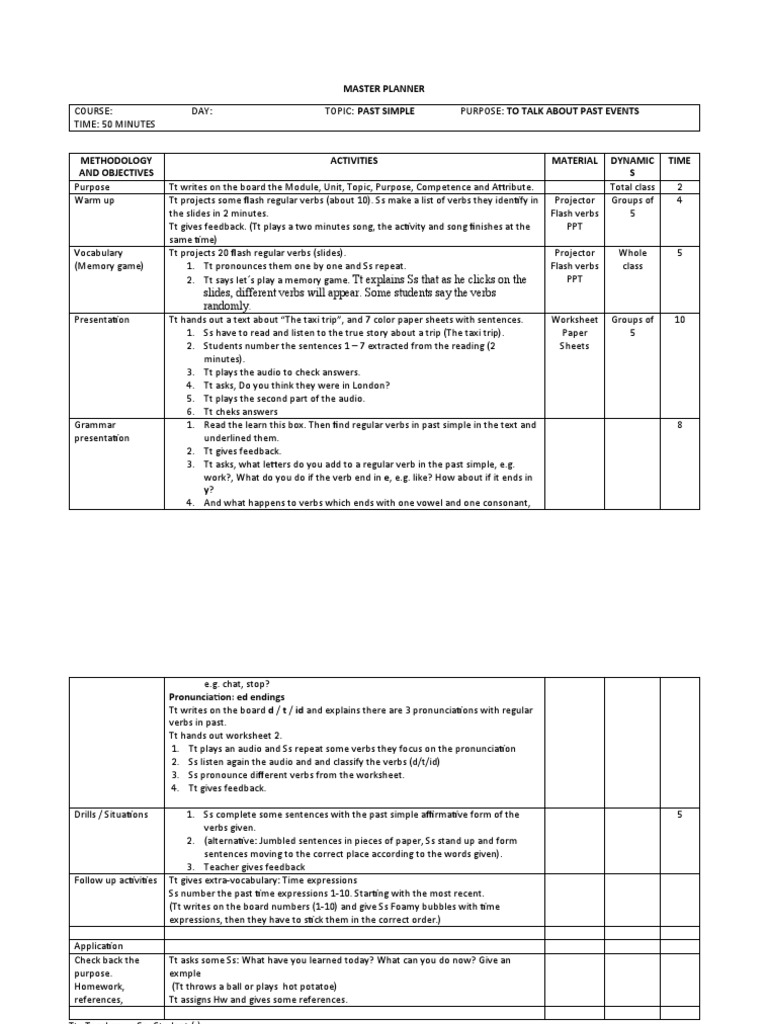 MASTER PLANNER Past Simple PDF Verb Languages