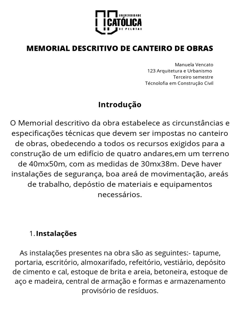 Memorial Descritivo do Canteiro de Obras | PDF