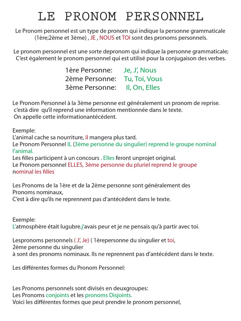 Types de pronoms personnels expliqués | PDF