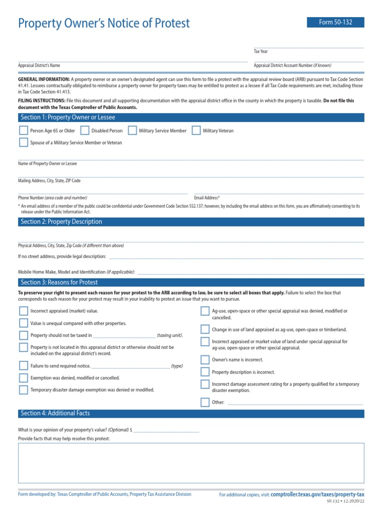 Property Owner's Notice of Protest: Form 50-132 | PDF | Real Estate ...