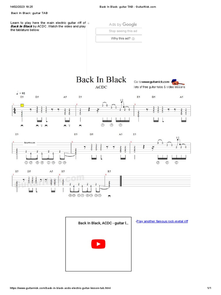 Back in Black Guitar TAB PDF