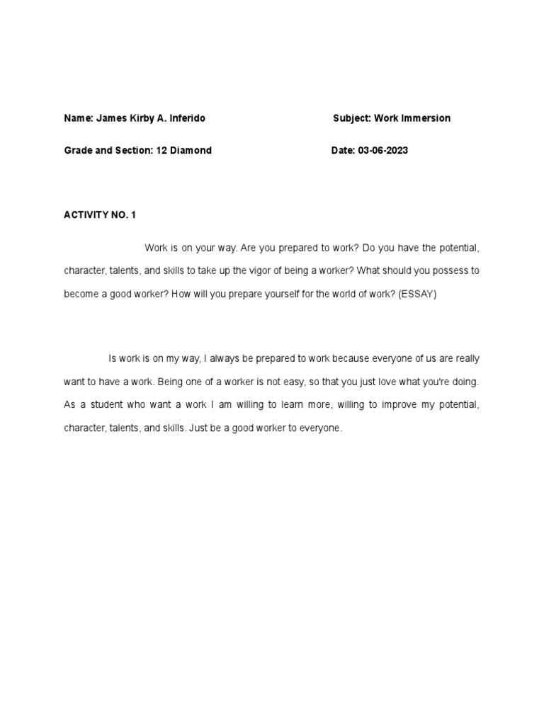 Name james kirby a inferido subject work immersion grade and section