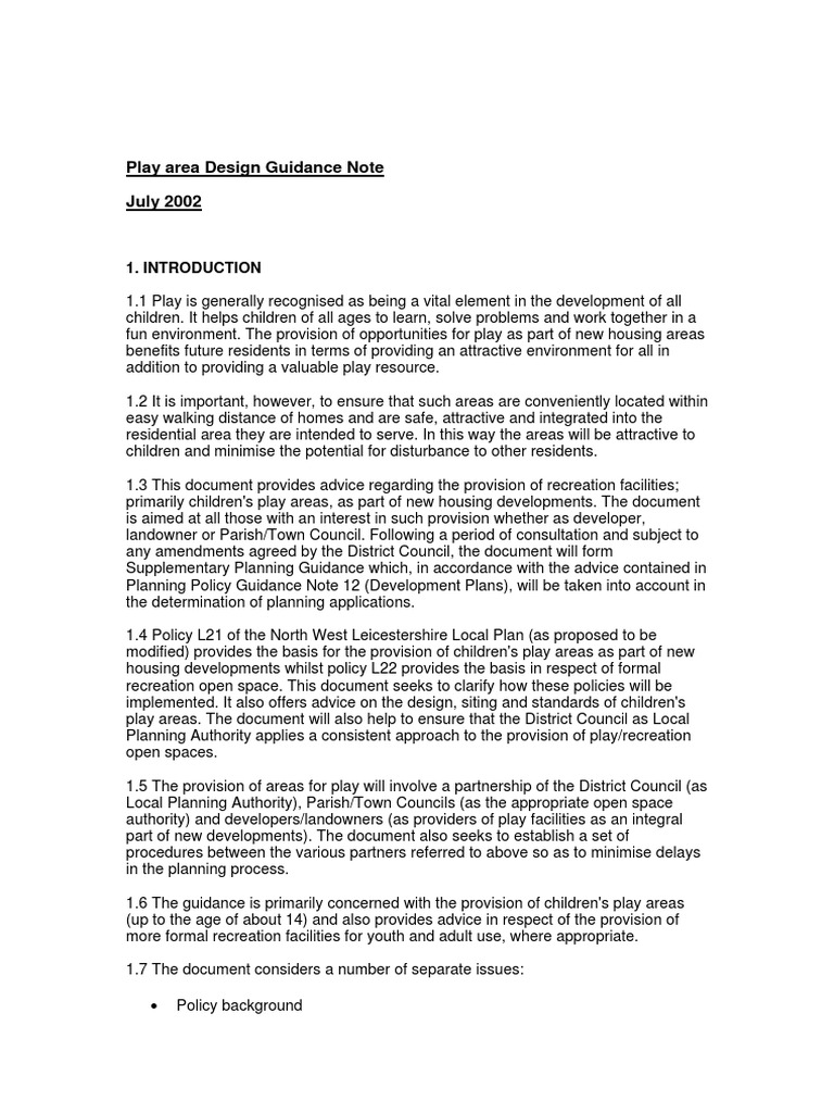 Play Area Design Guidance Note July 2002 PDF Sports Policy
