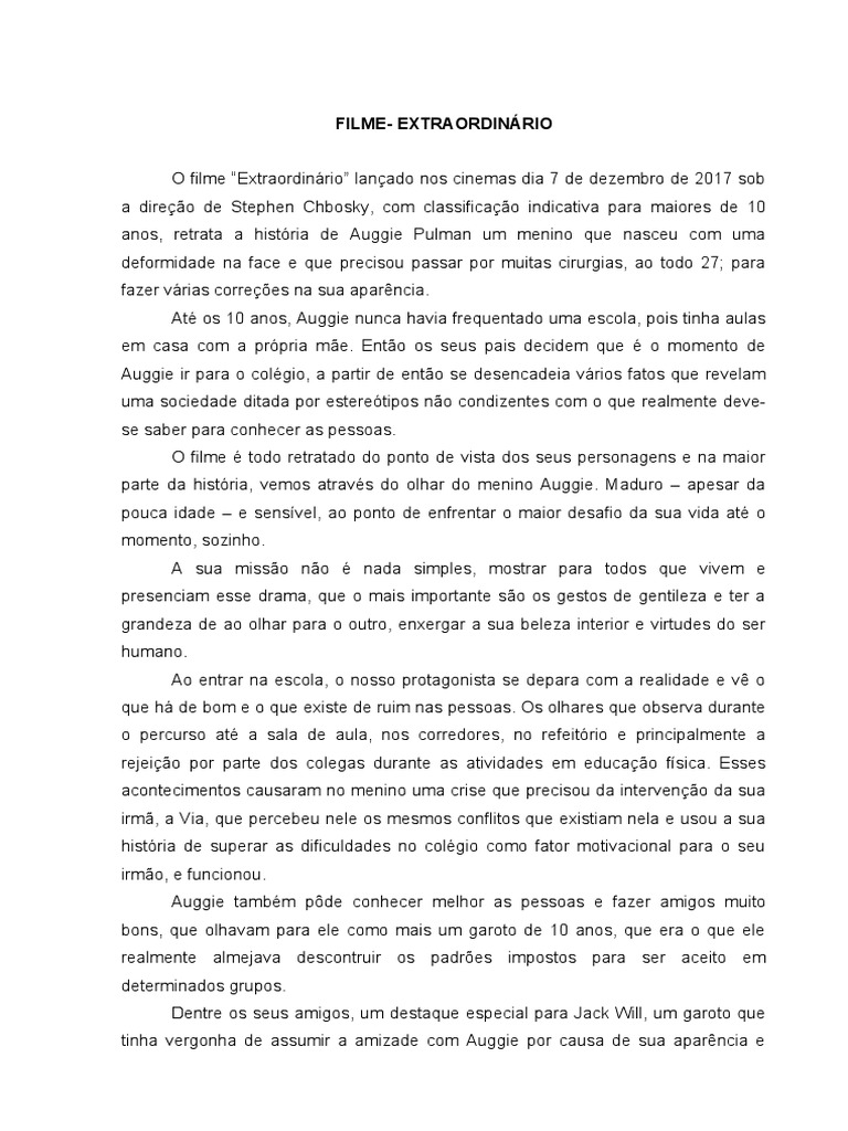 Resumo do Filme "Extraordinário" | PDF | Amizade | Escolas