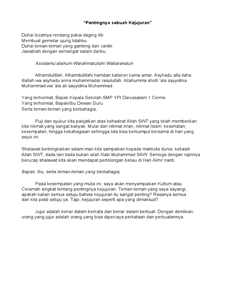 Contoh Teks Pidato Agama Islam Tentang Kejujuran PDF