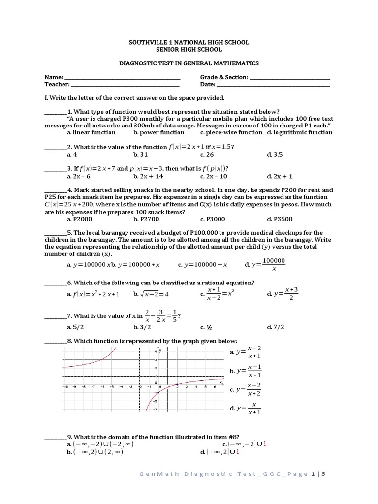 Diagnostic Test General Mathematics | PDF | Stocks | Interest