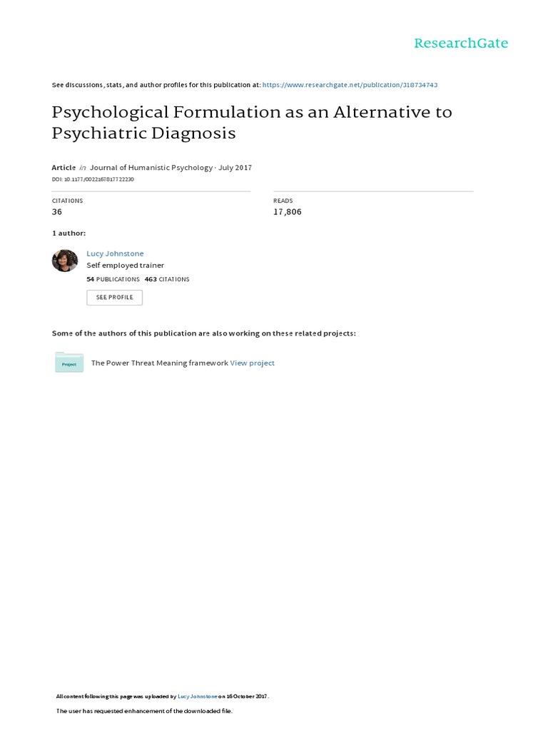 Psychological Formulation As An Alternative To Psychiatric Diagnosis