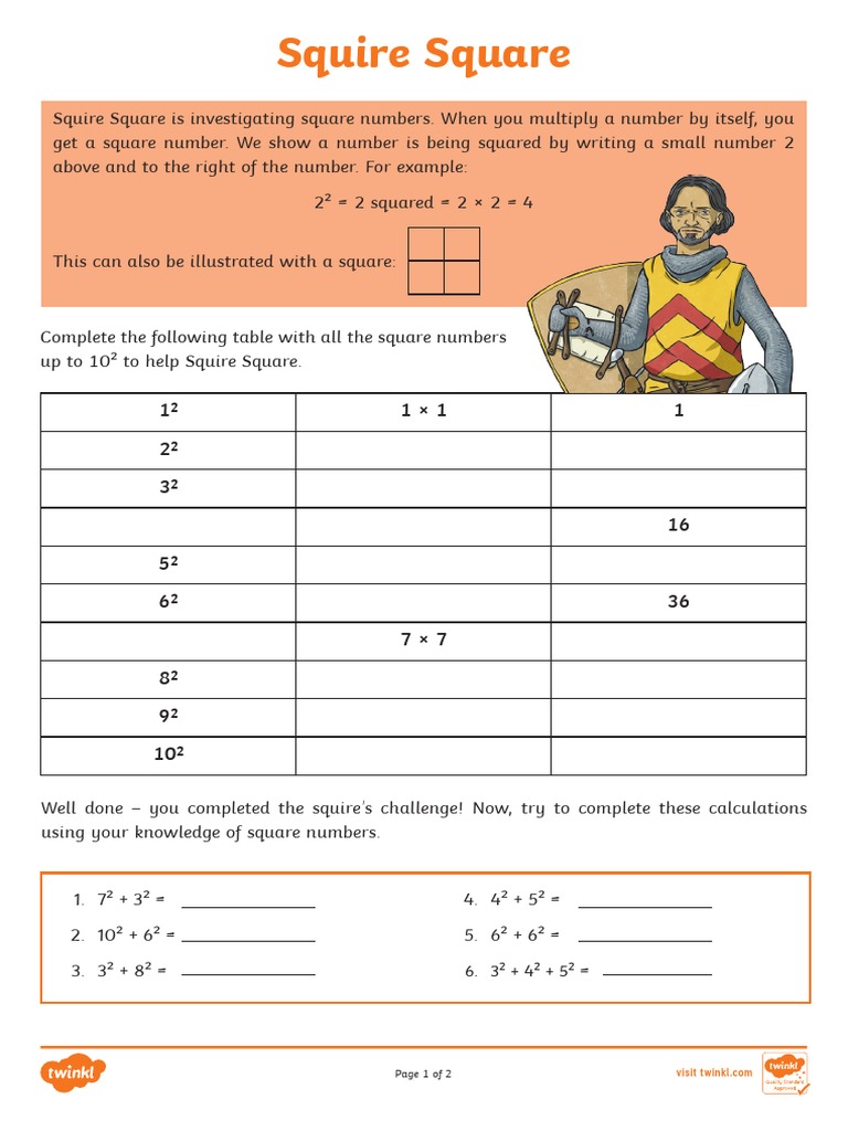 Square numbers worksheet and answers pdf