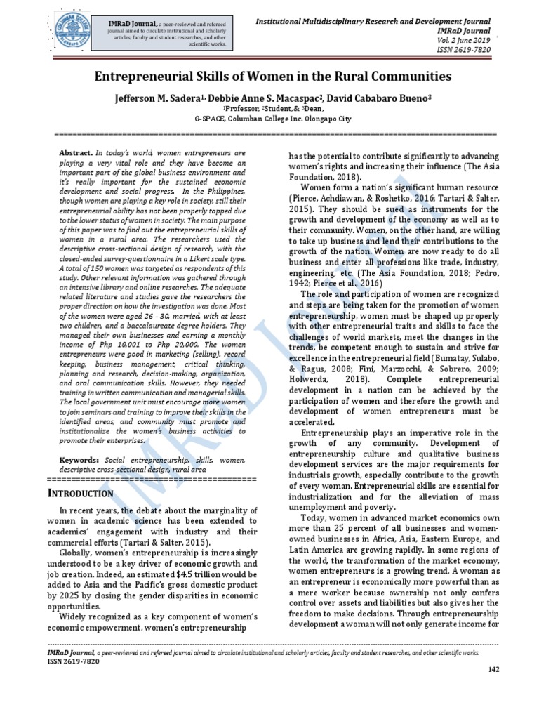 Women Entrepreneurs' Skills in Rural Areas | PDF | Entrepreneurship ...