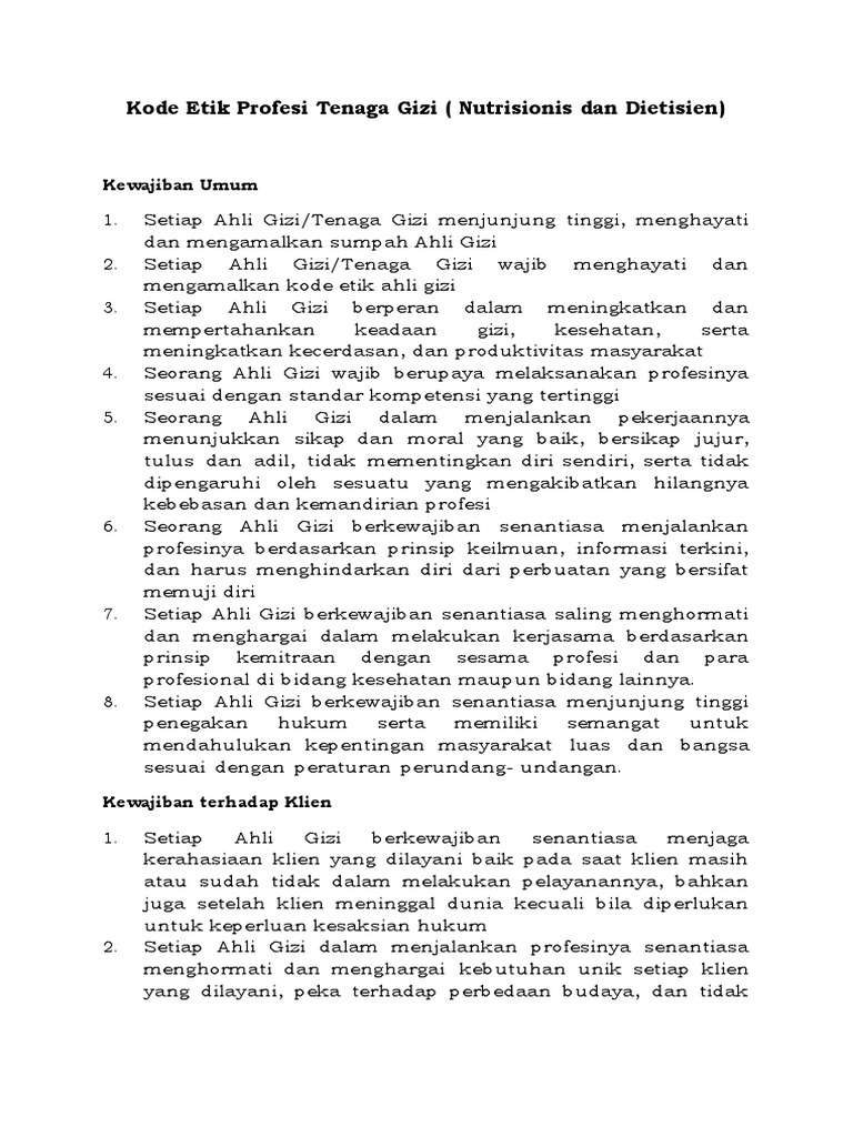 Kode Etik Ahli Gizi Indonesia | PDF