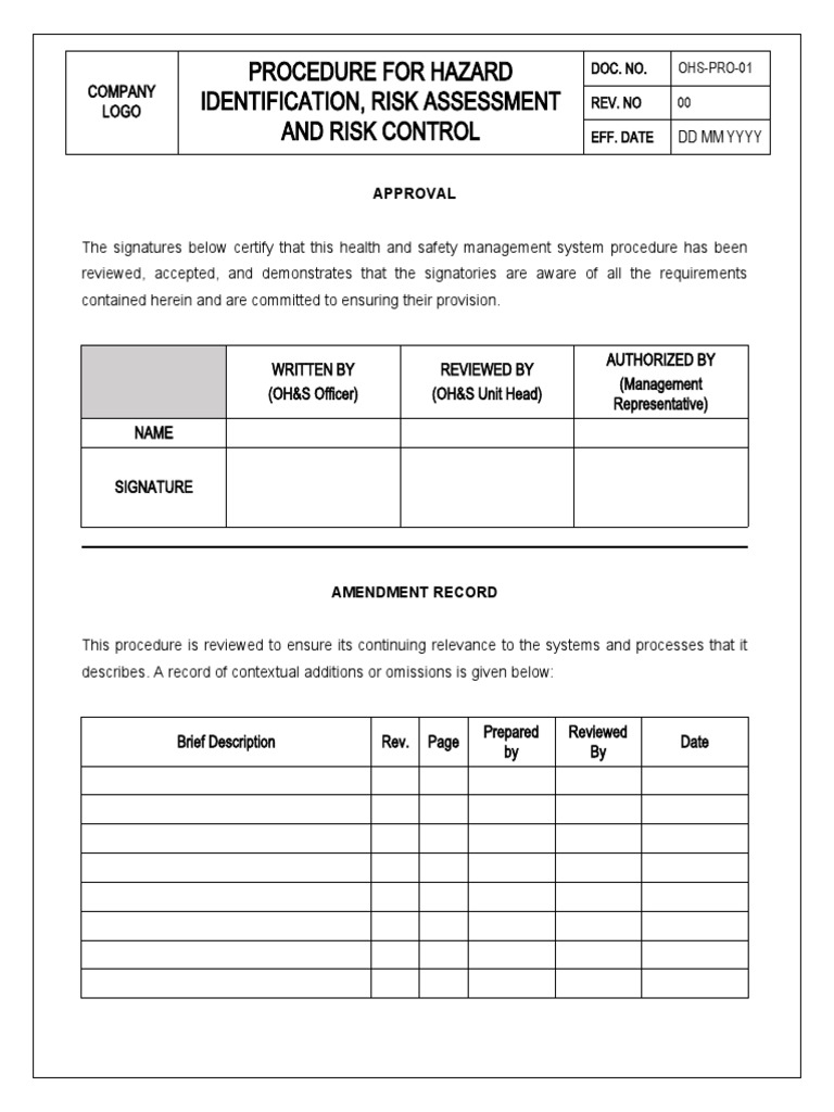 OSHPRO01 Procedure For Hazard Identification, Risk Assessment and Risk Control PDF Risk