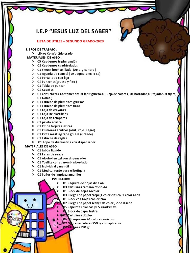 Lista de Utiles Escolares - SEGUNDO GRADO 2023 | PDF