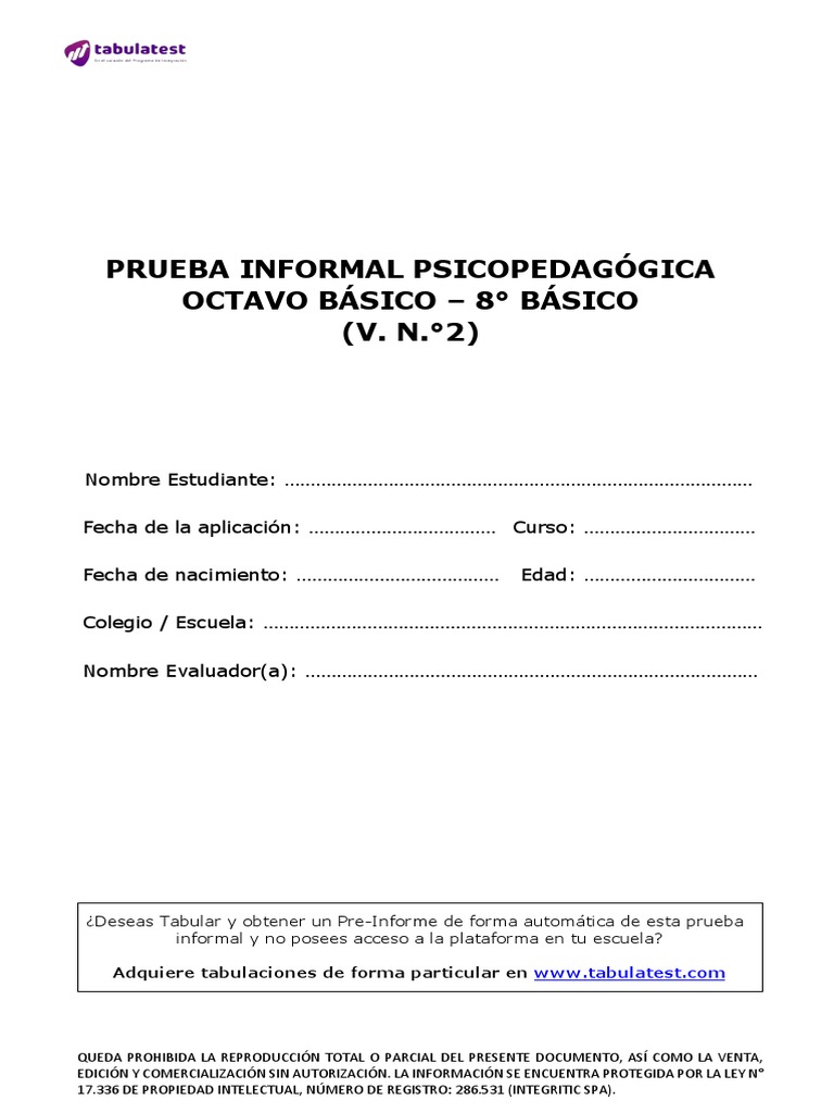 Prueba Informal Psicopedagógica Octavo Básico - 8° Básico (V. N.°2 ...