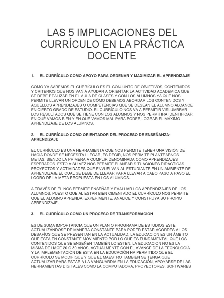 Las 5 Implicaciones Del Currículo en La Práctica Docente | PDF | Plan ...