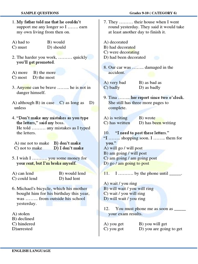 Sample Questions Grades 9-10 (CATEGORY 6) | PDF
