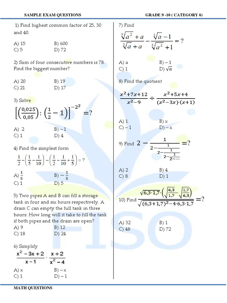 Sample questions fiso maths math questions grade 9 10category 6 s q 