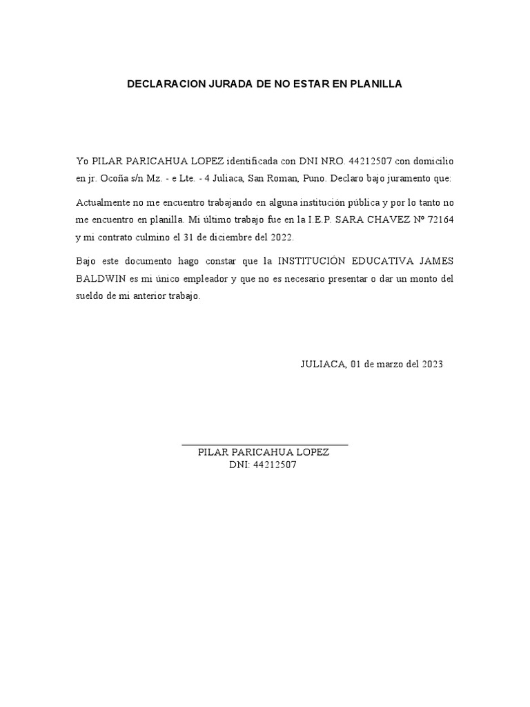 Declaracion Jurada de No Estar en Planilla | PDF