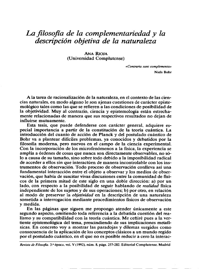 La Filosofla de La Complementariedad y La Descripción Objetiva de La ...