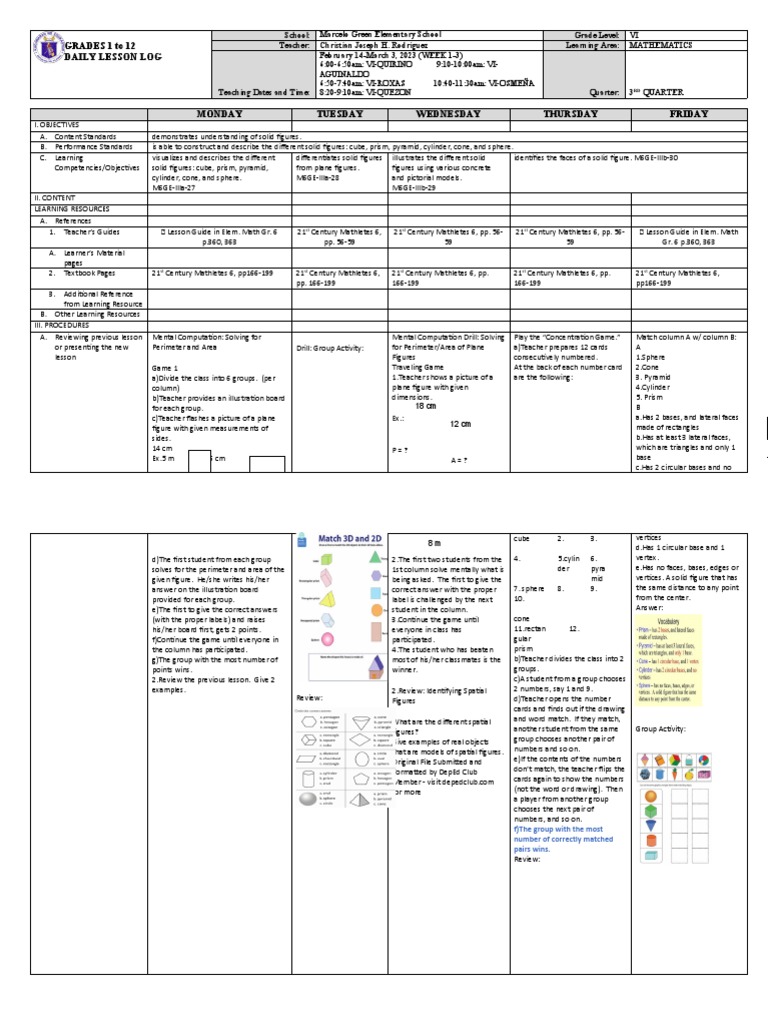 Grade 6 Math DLL: Q3 Week 1 Overview | PDF | Shape | Area