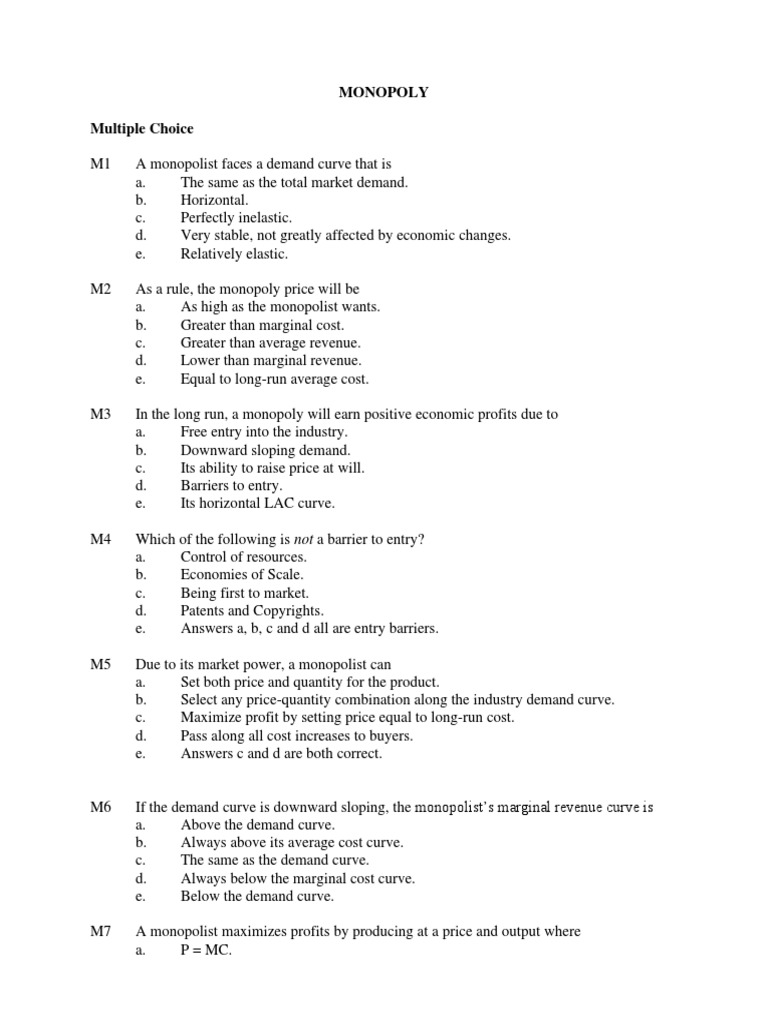 Managerial Economics Questions Monopoly And Mopolistic Competition