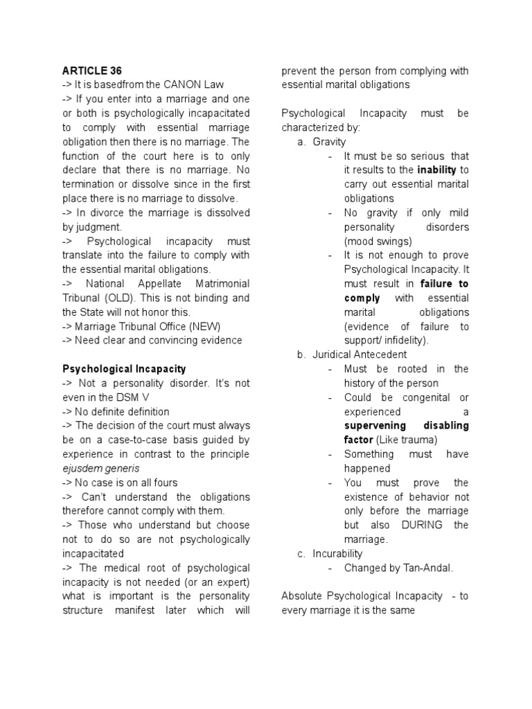 (Persons) Article 36 PSYCH INCAPACITY Reviewer | PDF | Annulment | Marriage