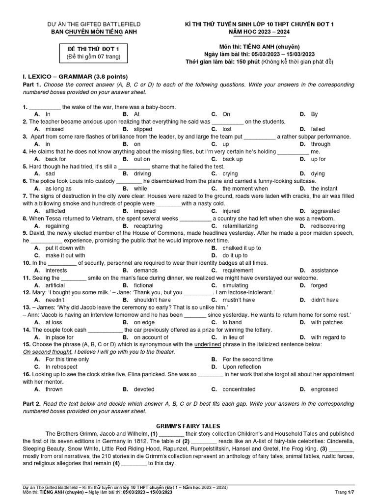 English Exam for Gifted Students | PDF | Brothers Grimm