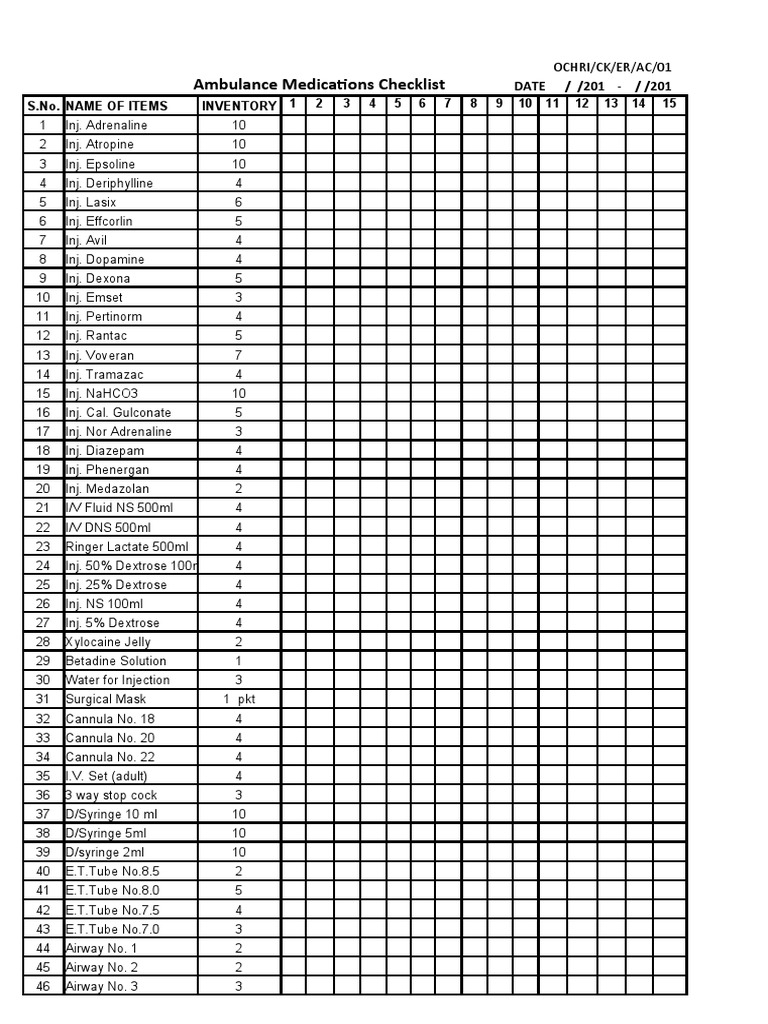 Ambulance Checklist PDF Medical Equipment Equipment