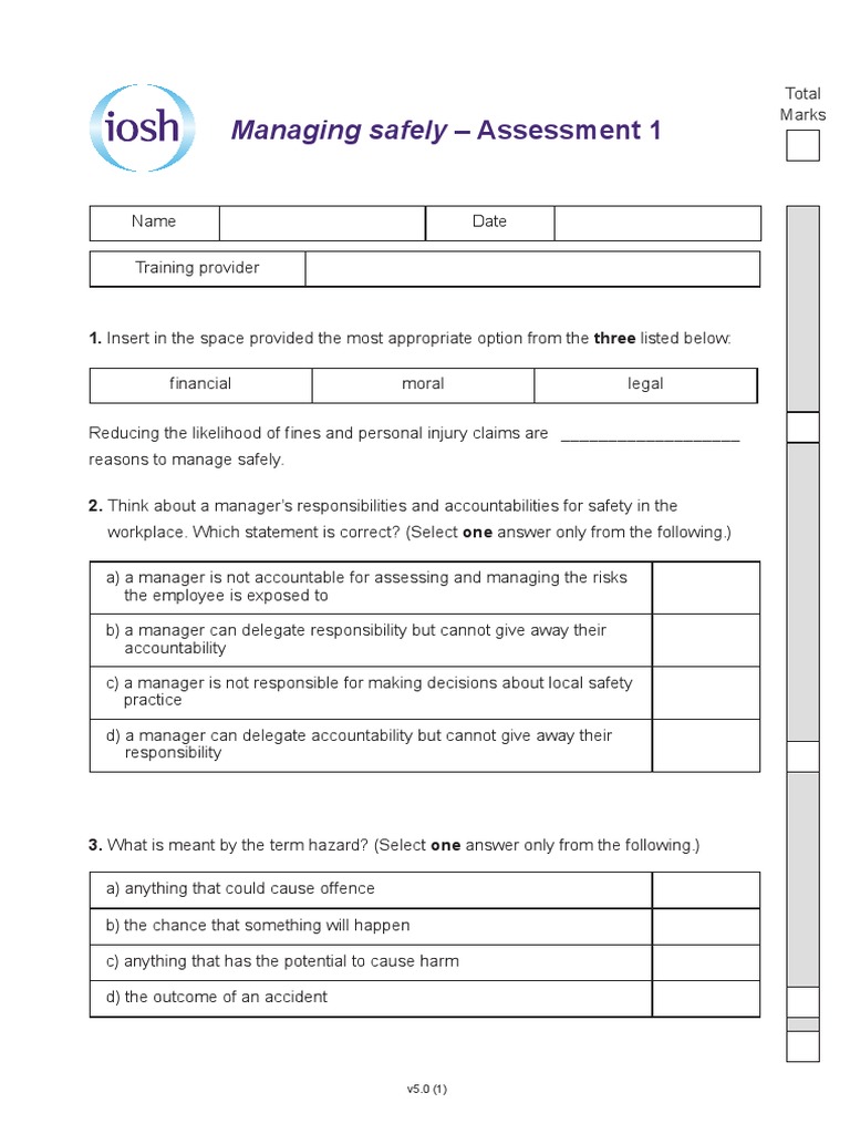 Managing Safely Assessment 1 PDF Risk Safety