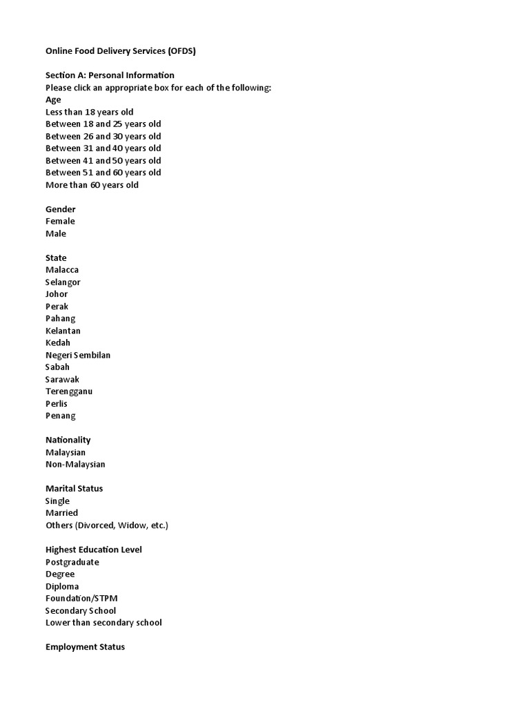 Online Food Delivery Services (OFDS) Section A Personal Information