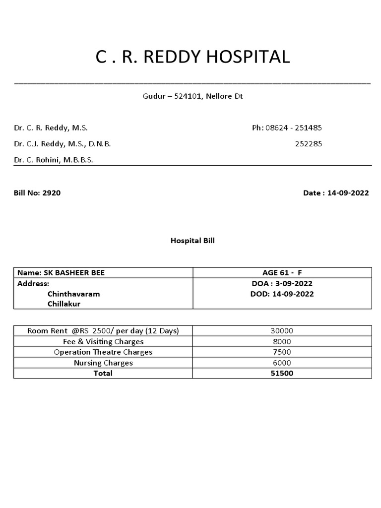 C.R. Reddy Hospital Bill Summary | PDF