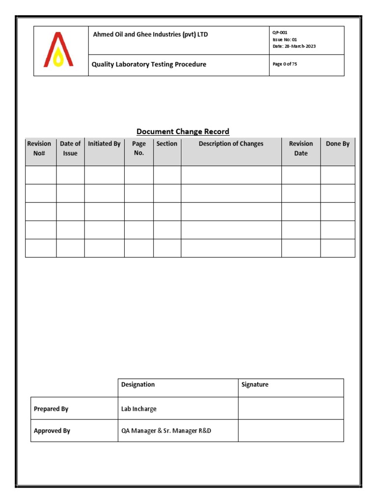 Document Change Record Quality Laboratory Testing Procedure PDF