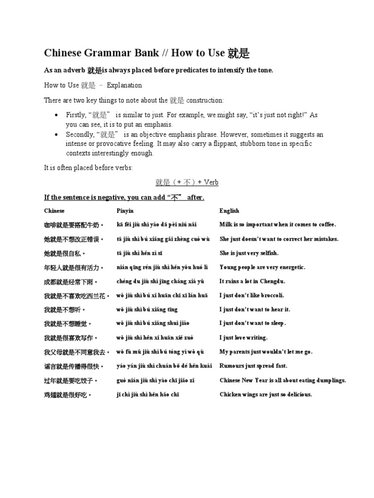 Chinese Grammar Bank // How to Use 就是: As an adverb 就是 is always placed ...