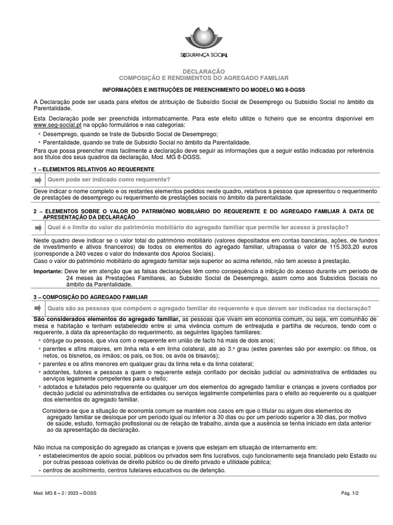 Instruções para Preenchimento do MG 8-DGSS | PDF | Parentesco | Conta ...
