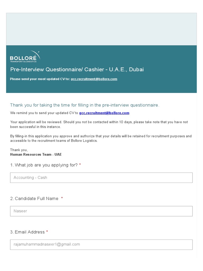 Cashier Pre-Interview Form Dubai | PDF | United Arab Emirates | Travel Visa