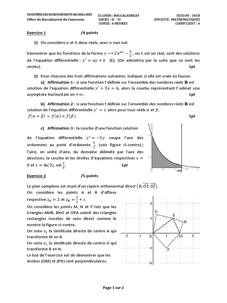 Cameroun 2018 Maths Serie D TI | PDF | Courbe | Fonction (Mathématiques)