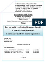 Les Paramètres Physicochimiques Du Miel Et L'effet de L'humidité Sur Le Développement Des Micro-Organismes