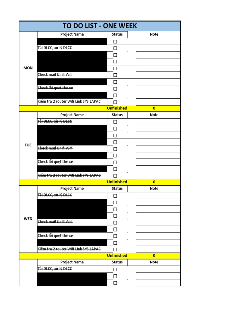 To Do List - One Week: Project Name Status Note | PDF | Computer ...