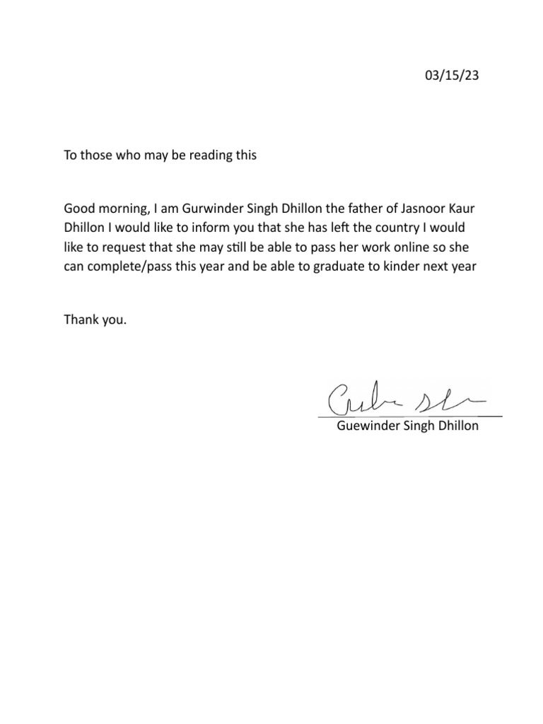 Jasnoor Excuse Letter | PDF