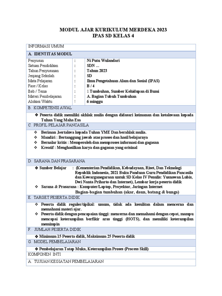 Modul Ajar Kurikulum Merdeka 2023 Ipas SD Kelas 4: Bagian-Bagian ...