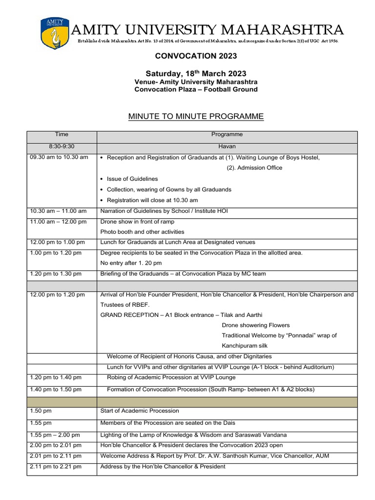 Amity University Convocation 2023 Schedule | PDF | Academic Degree ...