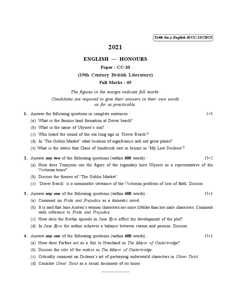 CU2021 B.A. (Honours) English SemesterIV PaperCC10 QP PDF