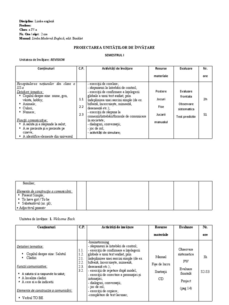 Planificare Pe Unitati Booklet 4 | PDF