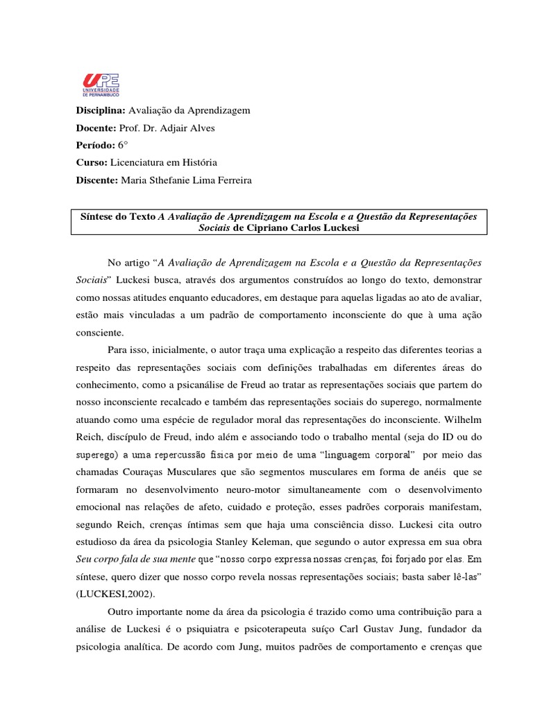 Avaliação da Aprendizagem e Luckesi | PDF | Pedagogia | Aprendizado